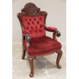 A Victorian mahogany and upholstered ceremonial/commemorative open armchair, in red velour fabric,