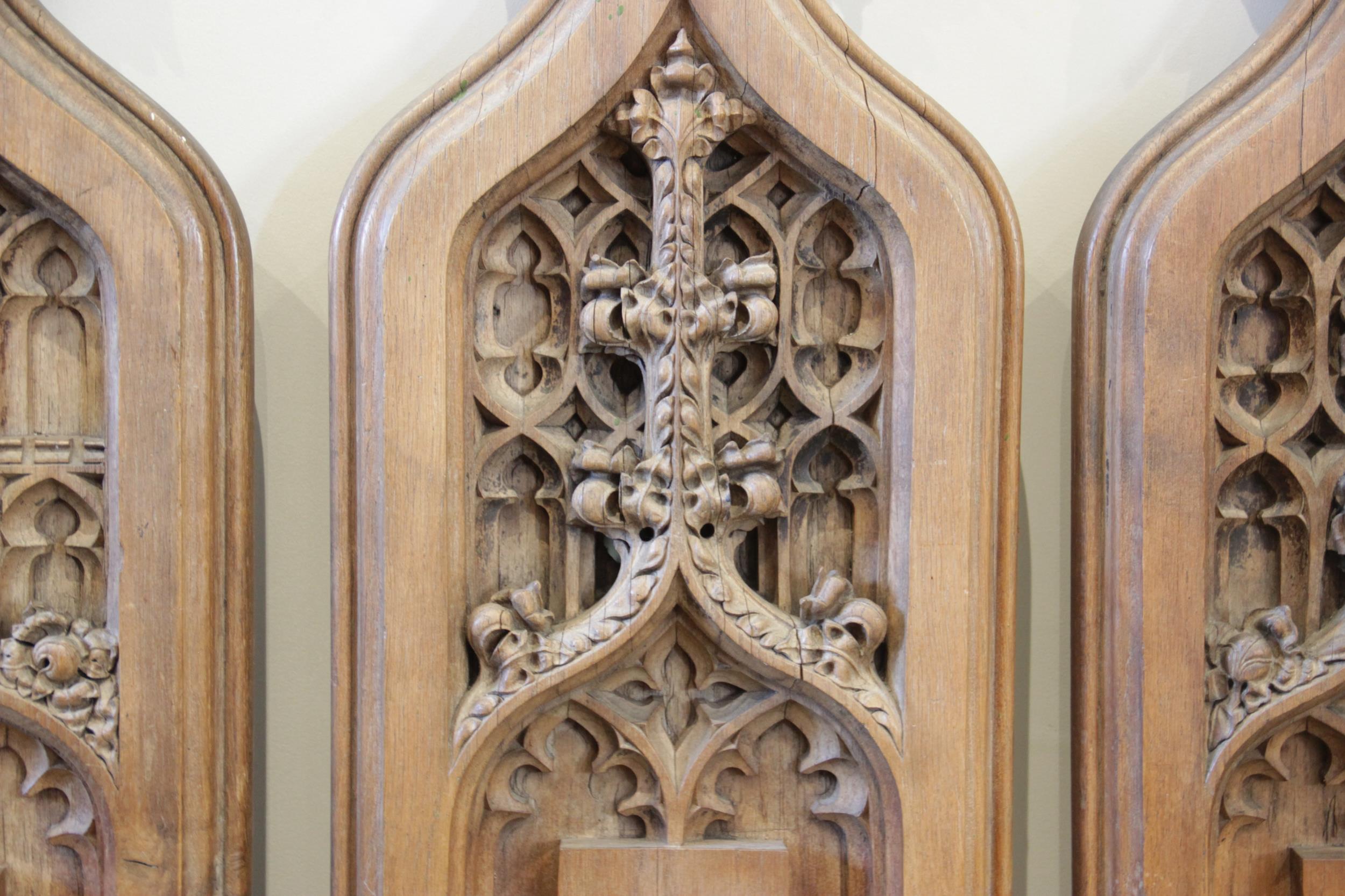 Four English Gothic revival oak pew ends, 19th century, each of ogee gothic arch form with tri- - Image 2 of 3