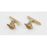 A pair of 9ct gold cufflinks designed as foxes masks, with chain link and bar retainer, Smith &