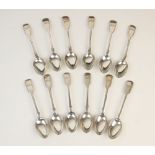 A set of twelve Victorian fiddle pattern silver teaspoons, six by John Round & Son Ltd, Sheffield