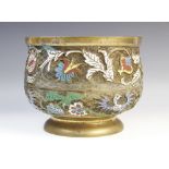 A Chinese bronze and enamel footed bowl, decorated with relief cast enamelled floral and foliate