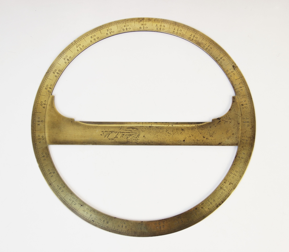 A 19th century surveyors brass protractor, the central cross beam inscribed 'W Thomas', 23cm