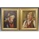 Continental school (20th century), Two portraits of characterful gentlemen smoking pipes, Oil on