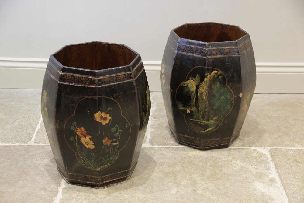 A pair of decorative Chinese painted pine stick stands, each of barrel shaped octagonal form and