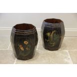 A pair of decorative Chinese painted pine stick stands, each of barrel shaped octagonal form and