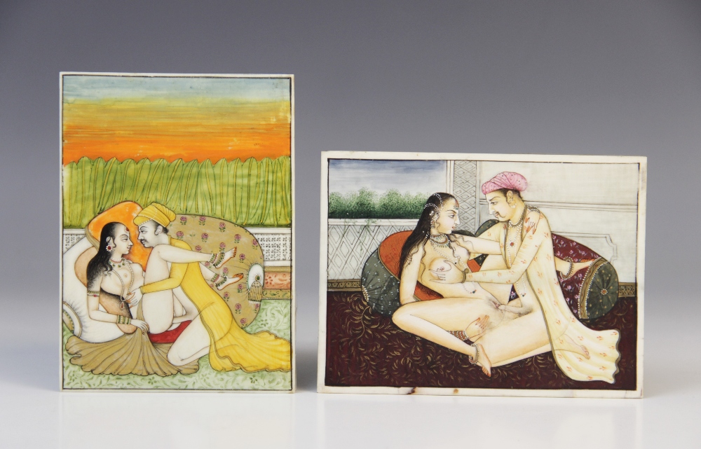 Mughal school (19th century), Two panels depicting erotic scenes from the Kama Sutra, Gouache on