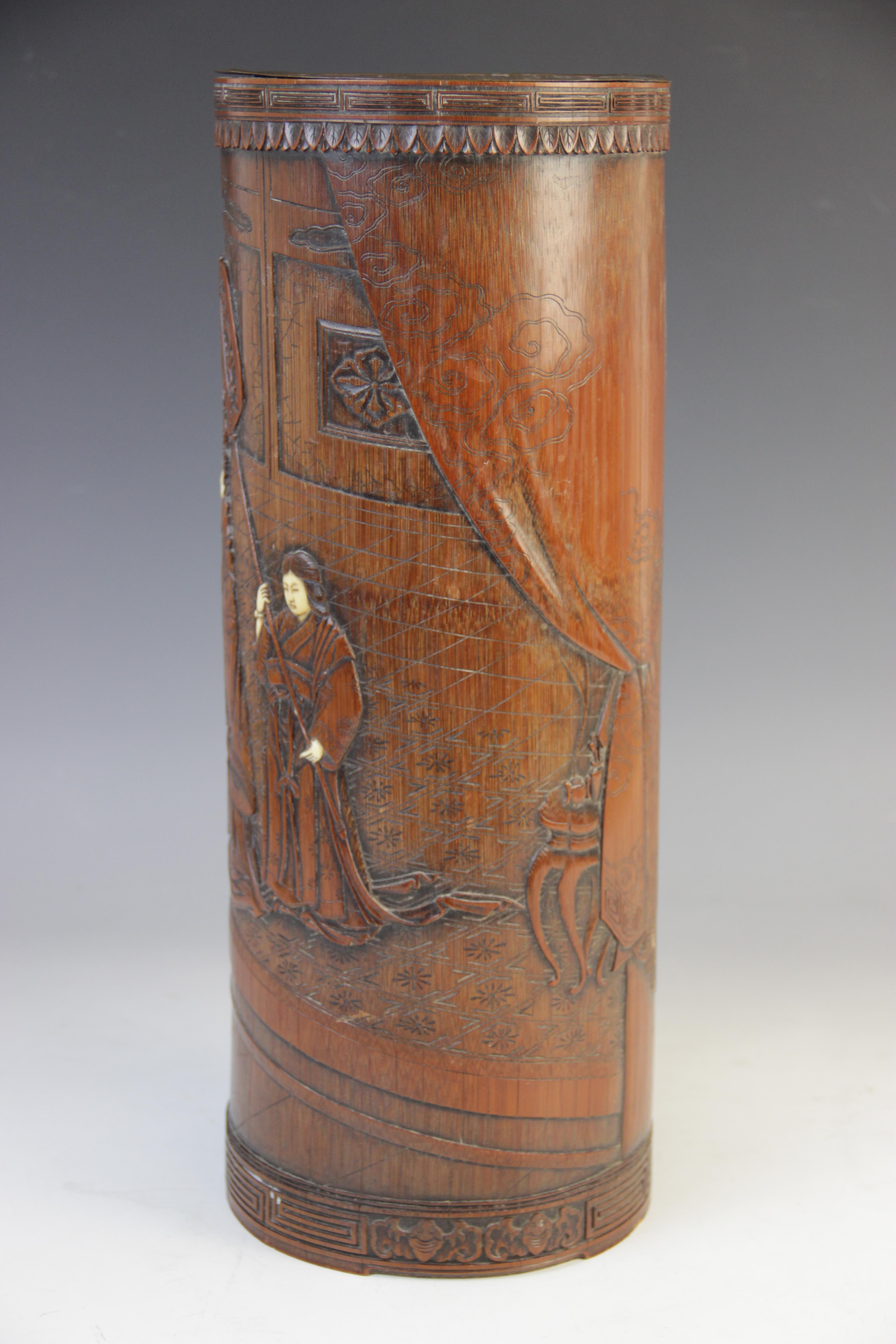 A large Chinese bamboo brush pot (bitong), 19th century, of cylindrical form and extensively - Image 5 of 7