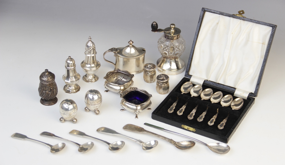 A selection of silver and silver coloured tableware, to include; a cased set of six silver teaspoons