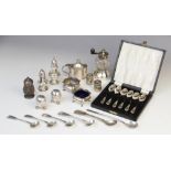 A selection of silver and silver coloured tableware, to include; a cased set of six silver teaspoons