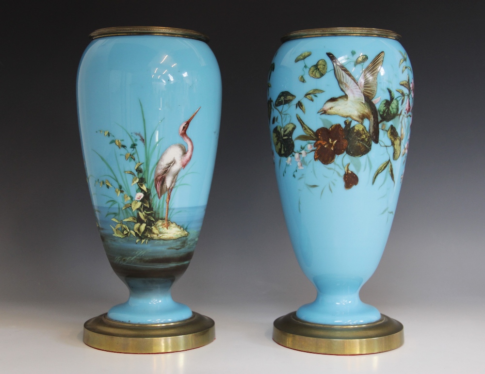 Two Aesthetic Movement brass mounted vases, late 19th century, each of inverted baluster form with