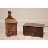 An early 19th century wall mounted fruitwood candle box, with hinged cover and single drawer, 46cm