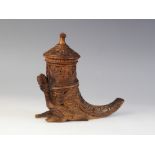 A Scandinavian treen Cornucopia/horn vessel and cover, 20th century, extensively carved with scrolls
