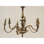 A Louis XVI style gilt metal six branch ceiling light fitting, early 20th century, the central
