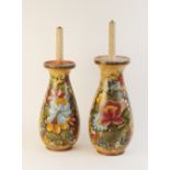 A pair of Italian painted pottery lamp bases, signed Morelli, each of baluster form and decorated