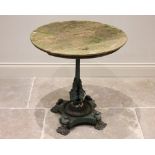 19th century cast iron pedestal garden table, the circular hardwood top upon a tapering column,