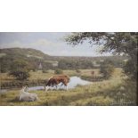 David Morgan (British, b.1947), Cattle grazing on a river bank with a village beyond, Oil on canvas,