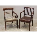 A Regency mahogany elbow chair, the concave top rail inlaid with brass foliate detail, above the