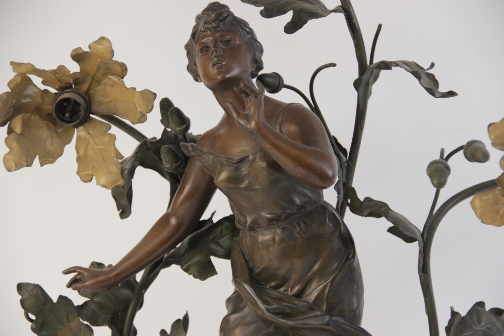 A pair of French Art Nouveau spelter figural table lamps, titled 'Muse des Bois' and 'Chant des - Image 8 of 11