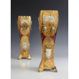 A pair of Victorian Bohemian glass applique and gilt overlay vases, each of tapered square section