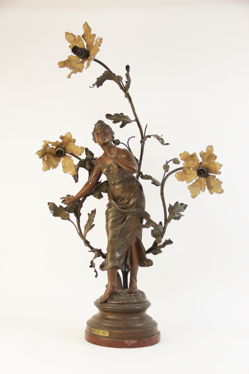 A pair of French Art Nouveau spelter figural table lamps, titled 'Muse des Bois' and 'Chant des - Image 6 of 11