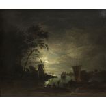 Edward Williams (British, 1782-1855), Moonlit river landscape with windmills, boats and figures