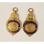 Two George V 9ct gold enamelled medallions for the Worcester County Swimming Association,