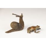 A Japanese bronze model of Snail, 20th century, 5.5cm high, with a bronze model of a frog, 4.5cm