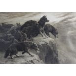 After Herbert Thomas Dicksee (1862-1942), "Baffled", wolves on a cliff edge, Etching on paper,
