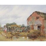 W. E. Cooke (British, fl. late 19th century), A barnyard scene with woman feeding ducks, Oil on