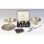 A selection of silver tableware, to include; a George VI silver wine taster, Emile Viner,
