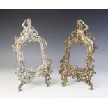 A near pair of cast metal Art Nouveau style frames, each comprising a figure of a reclining maiden