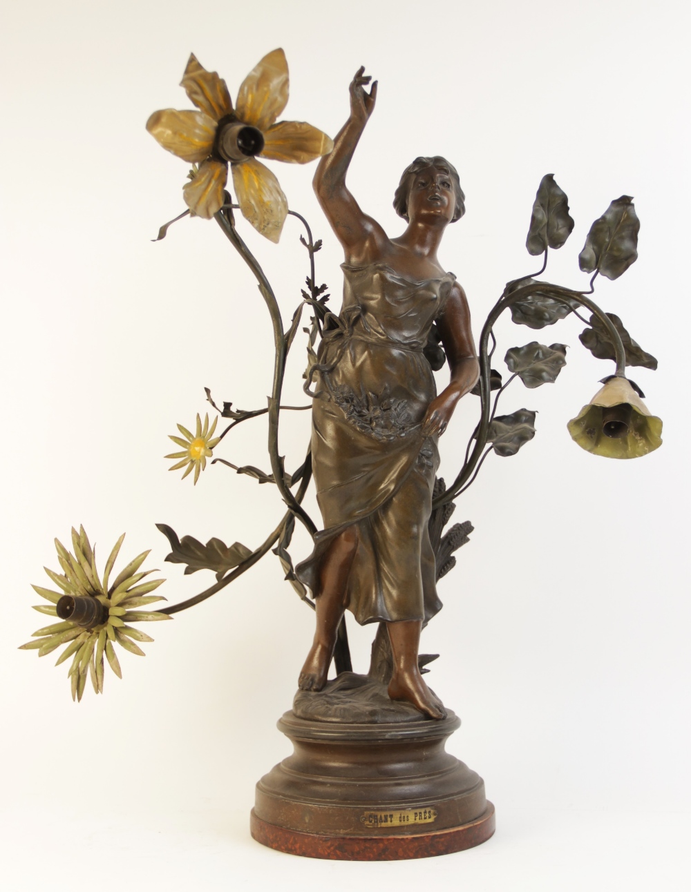 A pair of French Art Nouveau spelter figural table lamps, titled 'Muse des Bois' and 'Chant des - Image 5 of 11