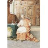 Scipione Simoni (Italian, 1853-1918), A seated Cardinal reading a letter in his chamber, Watercolour
