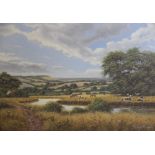 David Morgan (British, b.1947), Cattle grazing on a river bank, Oil on canvas, Signed lower right,