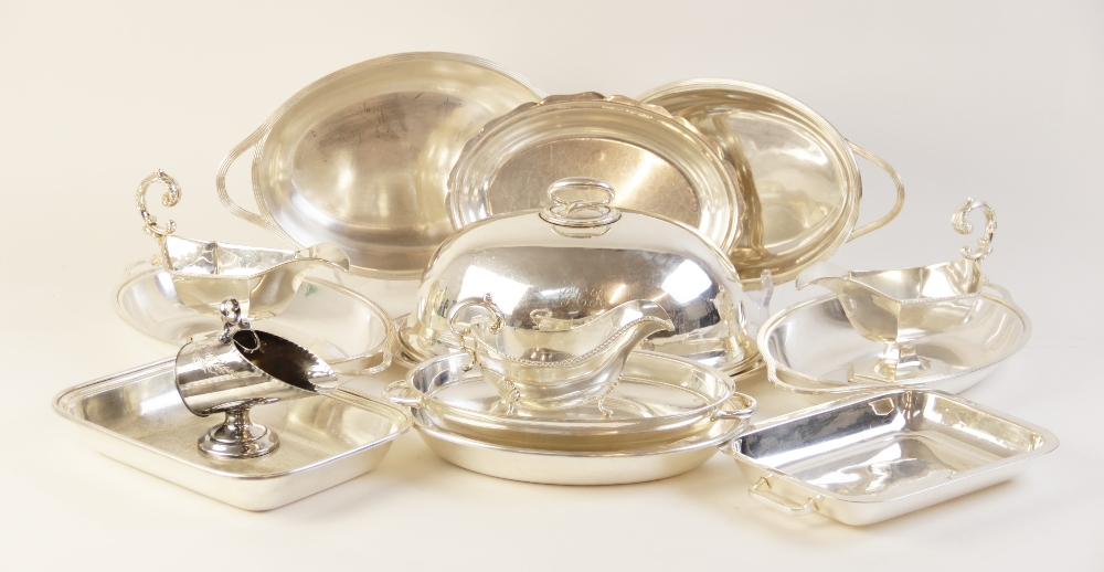 A selection of silver plated and EPNS tabeware, to include: a pair of faceted sauce boats with