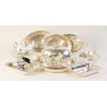 A selection of silver plated and EPNS tabeware, to include: a pair of faceted sauce boats with