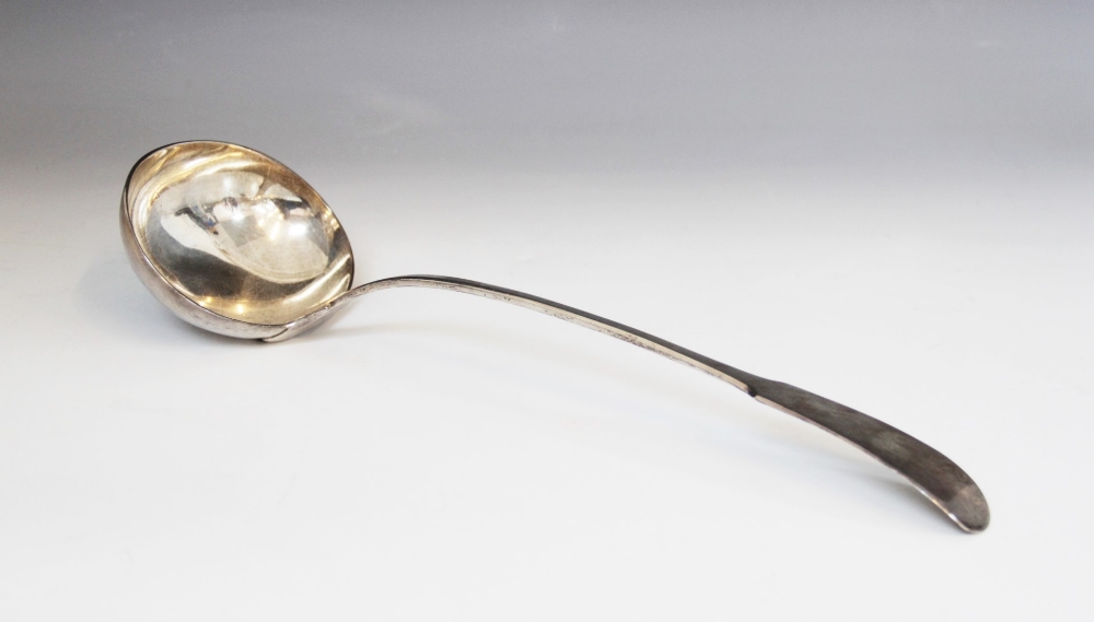 A George IV Scottish fiddle pattern silver ladle, Andrew Wilkie, Edinburgh 1826, monogrammed initial