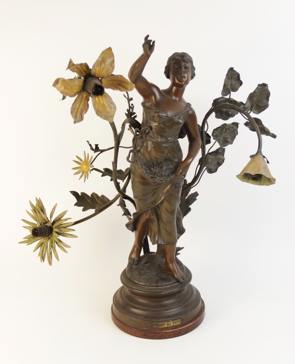 A pair of French Art Nouveau spelter figural table lamps, titled 'Muse des Bois' and 'Chant des - Image 3 of 11