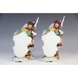 A pair of Dresden porcelain menu plaques, early 20th century, each modelled as a Beefeater