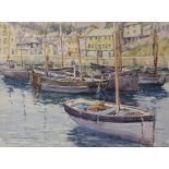 English school (20th century), Fishing boats in a harbour, Watercolour on paper, Initialled 'CD'