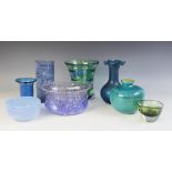 A selection of blue and green glassware, to include; an Orrefors blue bubble glass waisted bowl,