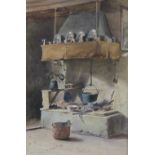 Alexandre N. Roussoff (Russian, 1844-1928), A rustic kitchen hearth scene, Watercolour on paper,