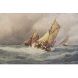 F J Aldridge (British, 1850-1933), Fishing boats in choppy water, Watercolour on paper, Signed lower