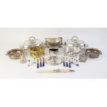 A selection of tableware and accessories, to include a George V silver mounted capstan inkwell by