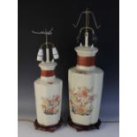 Two Japanese porcelain Kutani lamp bases, each of lobed baluster form and decorated with birds and