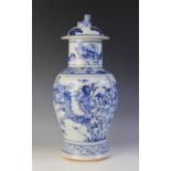 A Chinese porcelain blue and white jar and cover, late 19th century, of baluster form and