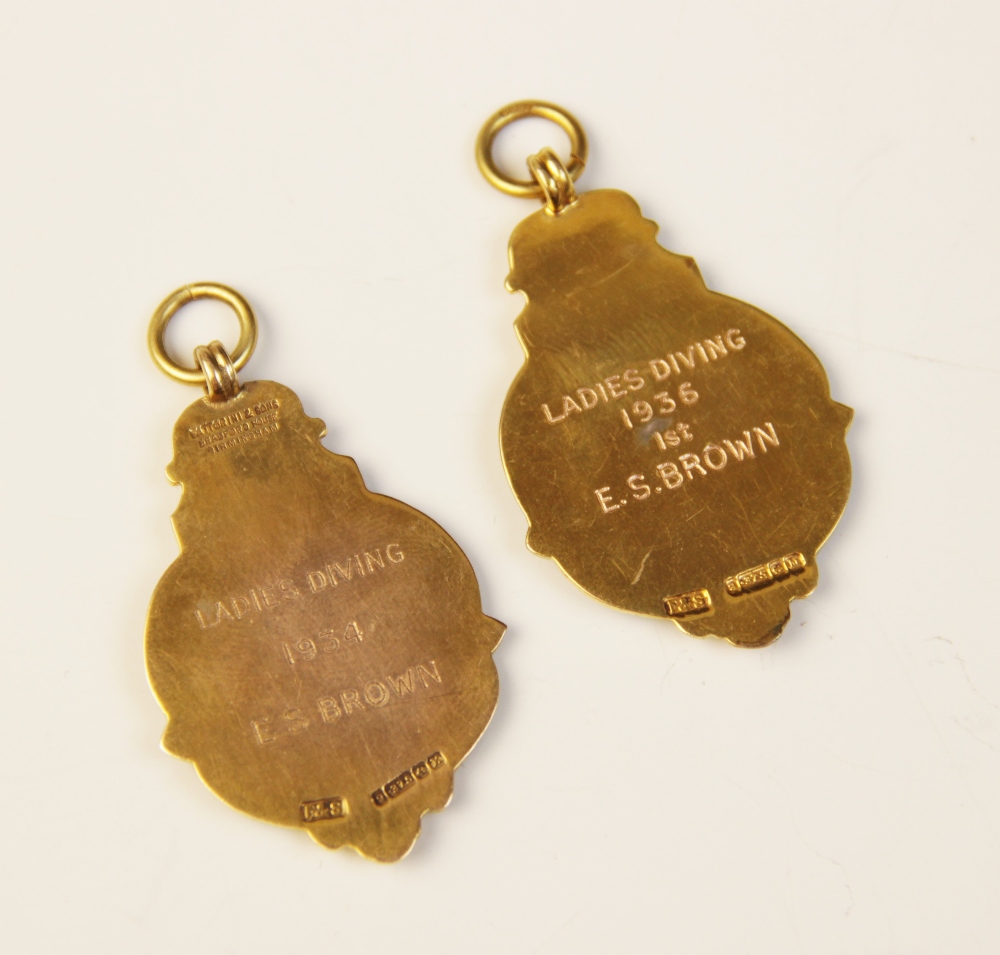 Two George V 9ct gold enamelled medallions for the Worcester County Swimming Association, - Image 2 of 2