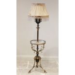 A Rococo style brass standard lamp/wine table, late 19th, early 20th century, the converted oil lamp