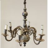 A 19th century Dutch six branch chandelier, the central bulbous and baluster column extending to six