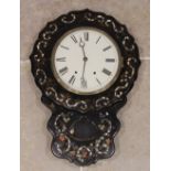 A Victorian papier mache drop dial wall clock, the black lacquered case inlaid with mother of